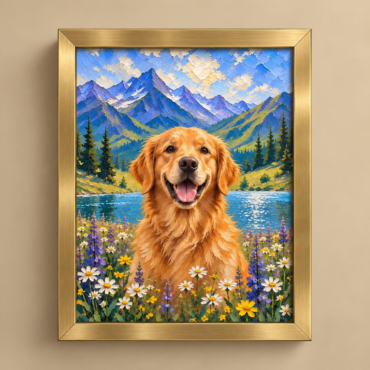 A framed canvas painting of a golden retriever dog sitting in a field of wildflowers with a lake and mountains in the background, enclosed in a gold frame and mounted on a beige wall.