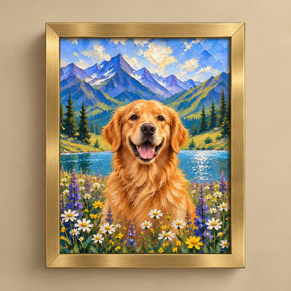 A framed canvas painting of a golden retriever dog sitting in a field of wildflowers with a lake and mountains in the background, enclosed in a gold frame and mounted on a beige wall.
