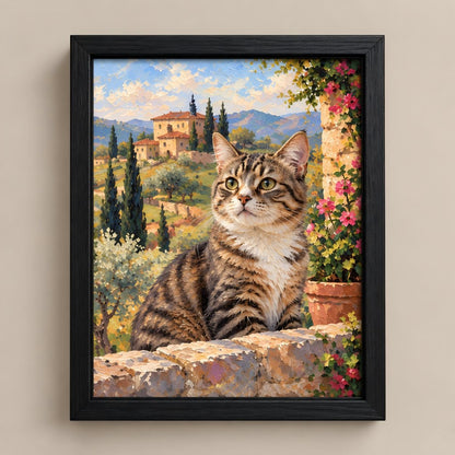 Framed canvas wall art featuring a painted tabby cat sitting on a stone wall with a scenic landscape background, shown hanging on a beige wall.