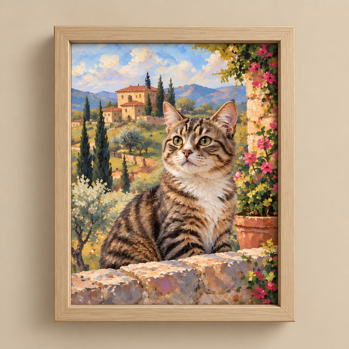 A framed custom pet portrait painting of a brown tabby cat in a scenic Italian landscape, displayed on a beige wall.