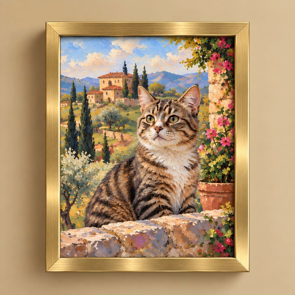 A framed canvas painting featuring a tabby cat sitting on a stone wall with a scenic landscape background, enclosed in a gold frame and mounted on a beige wall.