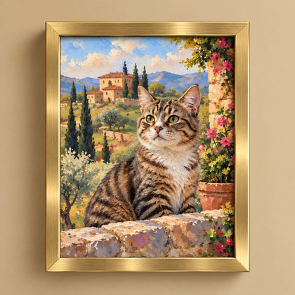 A framed canvas painting featuring a tabby cat sitting on a stone wall with a scenic landscape background, enclosed in a gold frame and mounted on a beige wall.