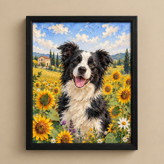 Framed canvas art featuring a black and white dog surrounded by yellow sunflowers under a blue sky, displayed on a beige wall.