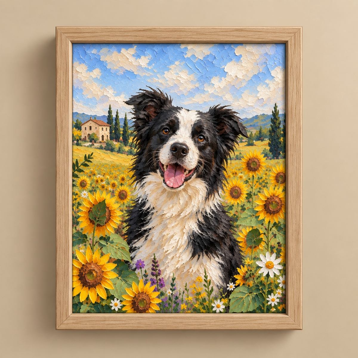 A framed canvas art print featuring a black and white Border Collie dog in a sunflower field under a blue sky, mounted on a beige wall.