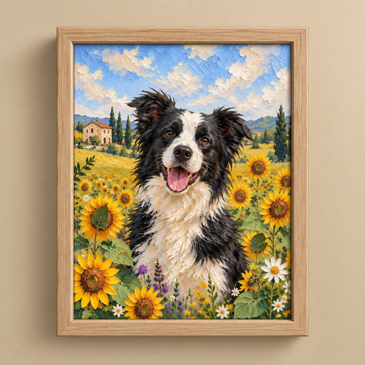 A framed canvas art print featuring a black and white Border Collie dog in a sunflower field under a blue sky, mounted on a beige wall.