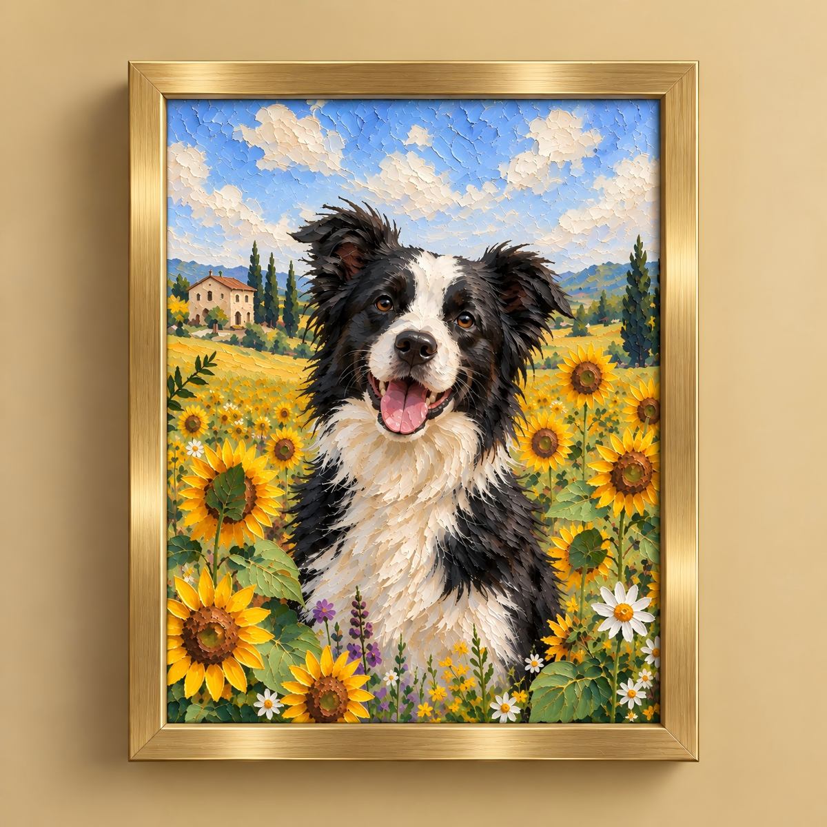 A framed custom pet portrait painting of a black and white Border Collie dog in a sunflower field under a blue sky, set in a gold frame on a beige wall.