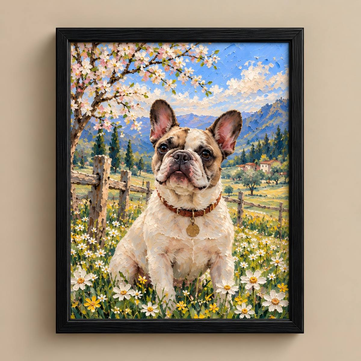 A framed pet portrait painting of a French Bulldog sitting in a flower field with a cherry blossom tree and mountains in the background, displayed on a beige wall.