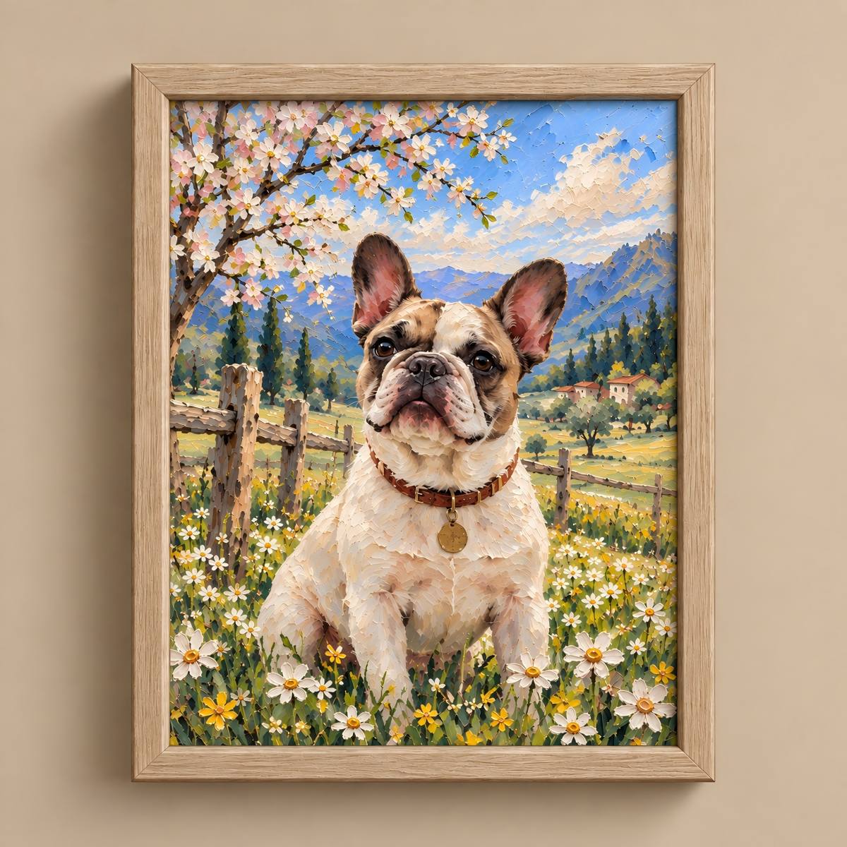 A framed canvas art print depicting a French Bulldog sitting in a meadow of white and yellow flowers under a cherry blossom tree, with mountains and a blue sky in the background. The print is housed in a light natural wood frame and mounted on a beige wall.