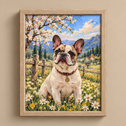 A framed canvas art print depicting a French Bulldog sitting in a meadow of white and yellow flowers under a cherry blossom tree, with mountains and a blue sky in the background. The print is housed in a light natural wood frame and mounted on a beige wall.