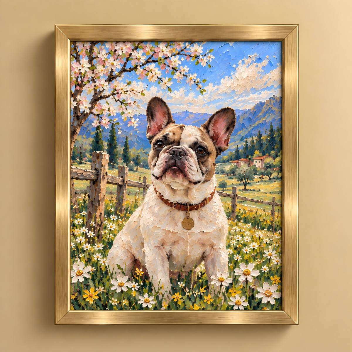 A framed custom pet portrait painting of a French Bulldog sitting in a meadow of white and yellow wildflowers under a cherry blossom tree, with a blue sky and mountains in the background. The artwork is housed in a gold frame and mounted on a beige wall.