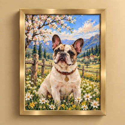 A framed custom pet portrait painting of a French Bulldog sitting in a meadow of white and yellow wildflowers under a cherry blossom tree, with a blue sky and mountains in the background. The artwork is housed in a gold frame and mounted on a beige wall.