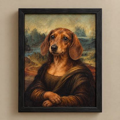 A framed portrait painting of a dachshund styled like Leonardo da Vinci's Mona Lisa, hanging on a beige wall.