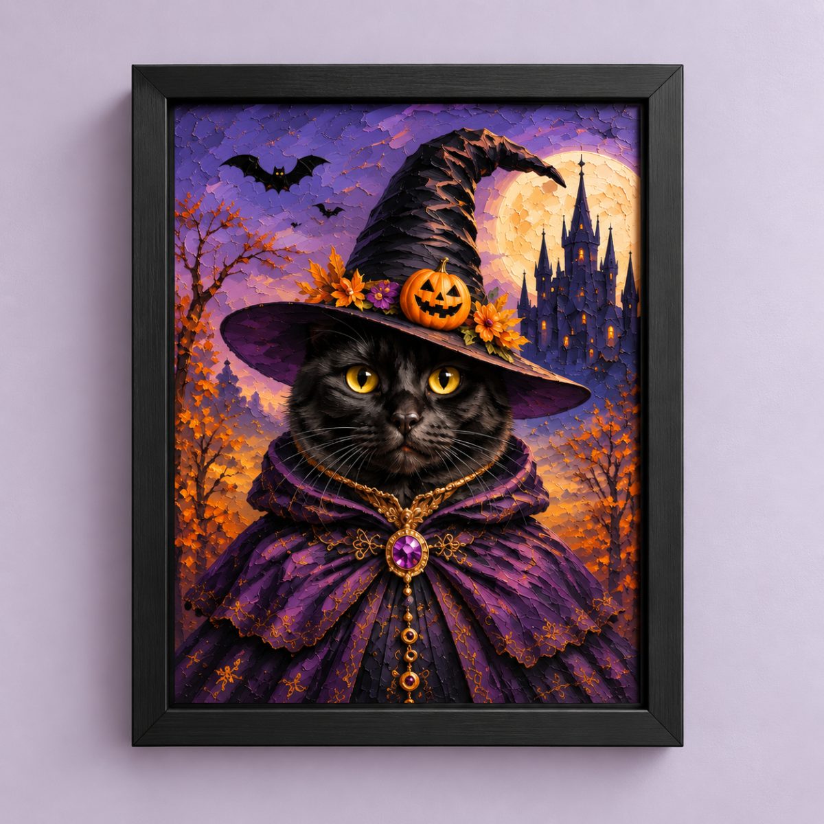 Framed wall art featuring a stylized black cat dressed as a witch, wearing a pointed hat with a jack-o'-lantern and flowers, a purple cape, and a necklace with a purple gem, set against a Halloween night scene with bats, trees, a moon, and a castle. The artwork is displayed in a black frame on a light lavender wall.