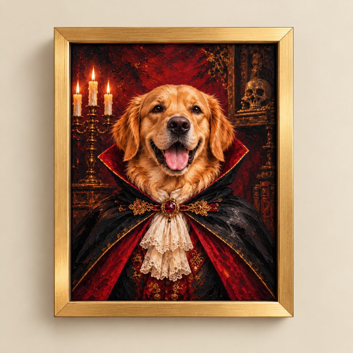 A framed gothic-style pet portrait of a golden retriever dressed as a vampire, featuring a red and black cape with a cream lace collar and a gold frame, displayed on a light beige wall.