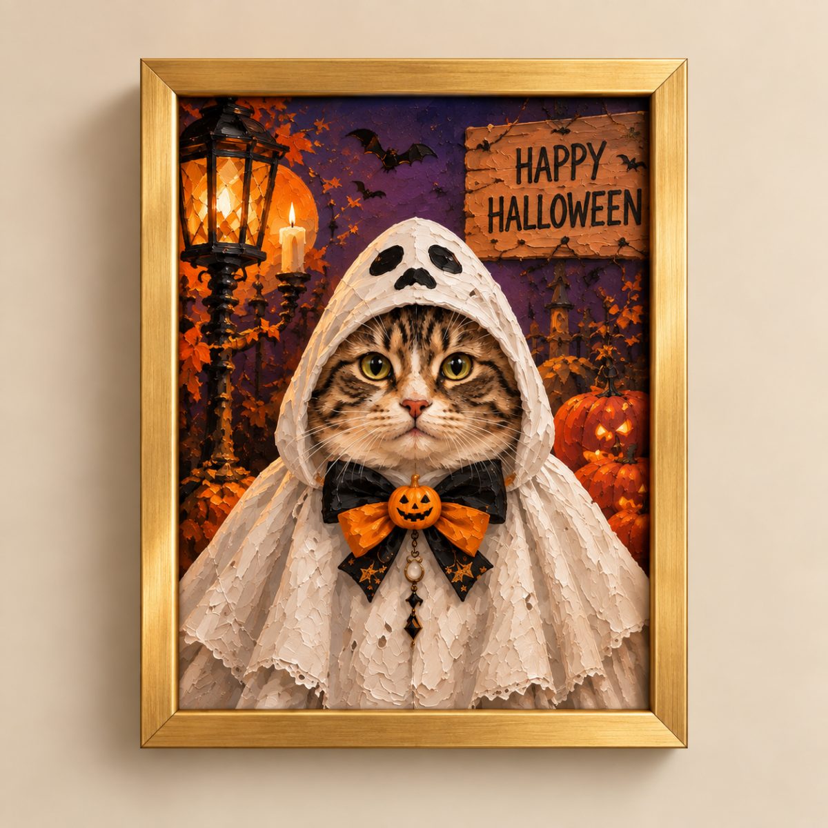 A framed Halloween art print featuring a tabby cat dressed in a white ghostly hood with black eye patches and an orange pumpkin bow tie, set against an autumn garden scene with pumpkins, a lantern, bats, and a wooden sign reading 'Happy Halloween'. The print is housed in a gold frame and mounted on a beige wall.