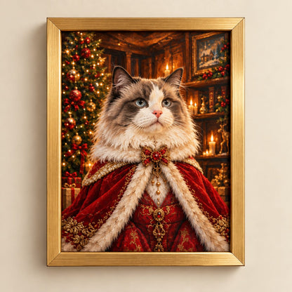 Framed wall art featuring a stylized portrait of a fluffy cat dressed in a red royal robe with fur trim, posed in front of a decorated Christmas tree and warm candlelit interior. The artwork is enclosed in a gold frame and mounted against a light beige wall.