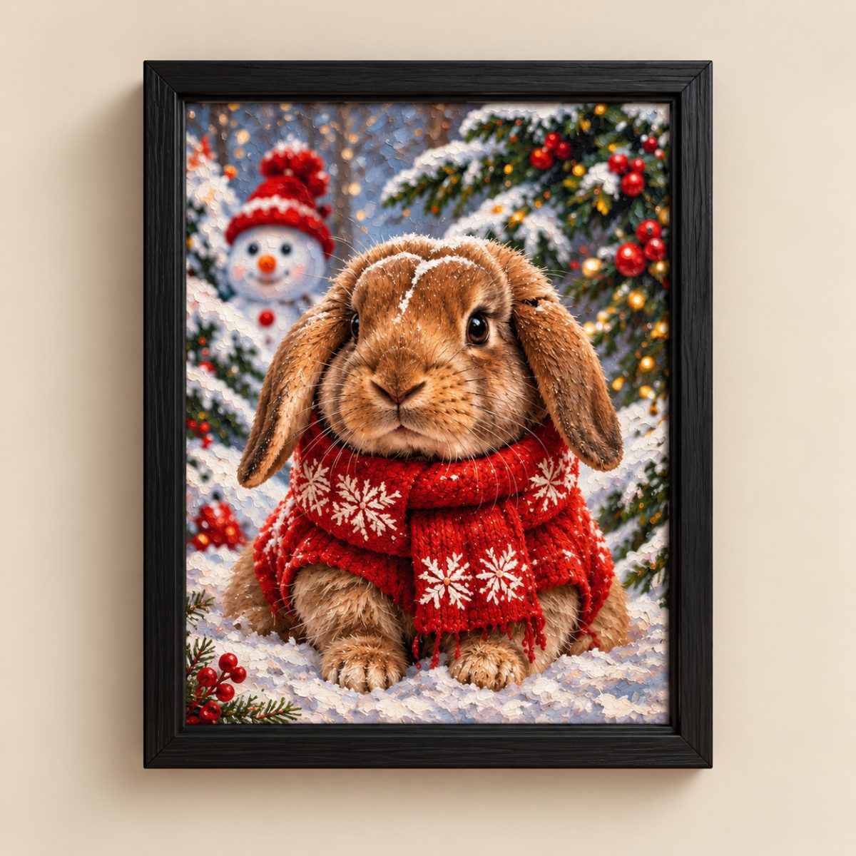 Framed wall art featuring a brown rabbit in a red knitted scarf with white snowflake patterns, posed in a snowy winter scene with a snowman, evergreen branches, and red berries. The artwork is displayed in a black frame against a beige wall.