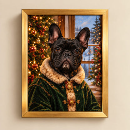 A framed custom pet portrait of a black French Bulldog dressed in a green velvet holiday robe with a beige fur collar, set against a festive Christmas tree background. The artwork is enclosed in a gold frame and mounted on a beige wall.