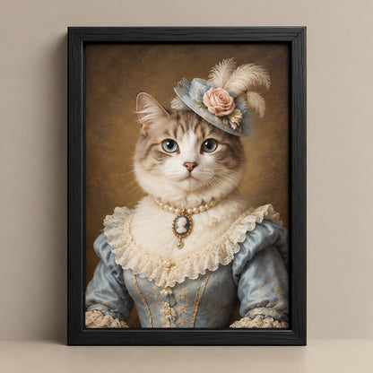 A framed portrait print of a cat dressed in ornate historical clothing, shown leaning against a beige wall. The cat wears a blue dress with lace trim, a pearl necklace, and a blue hat with feathers and a pink flower.