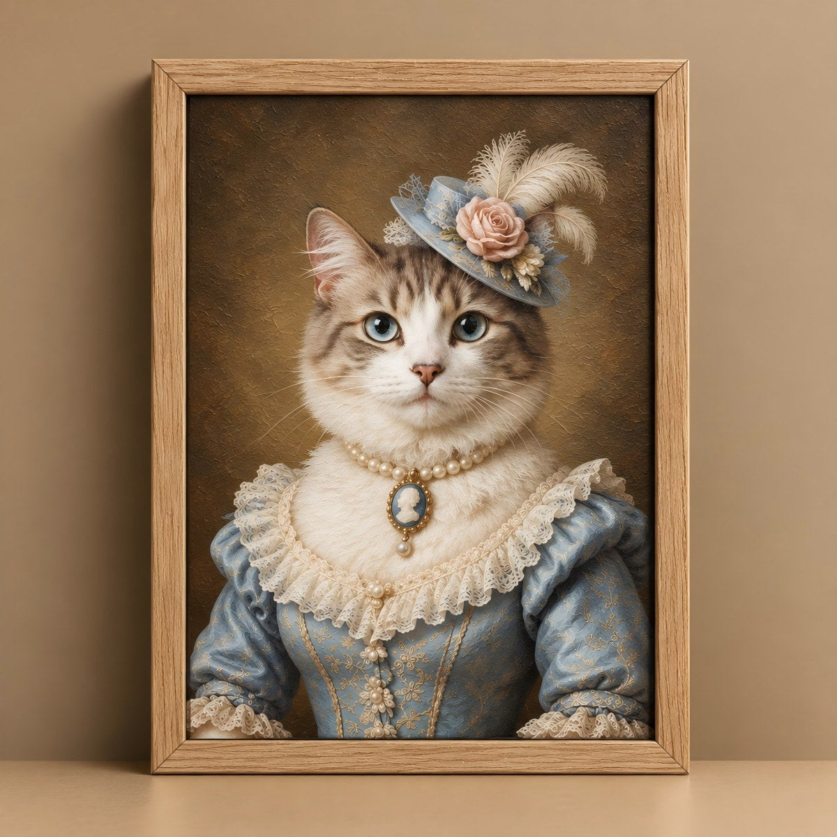 A framed portrait painting of a cat dressed in ornate historical clothing, leaning against a beige wall on a light surface. The cat wears a blue dress with lace trim, a pearl necklace, and a blue hat with feathers and a pink rose.