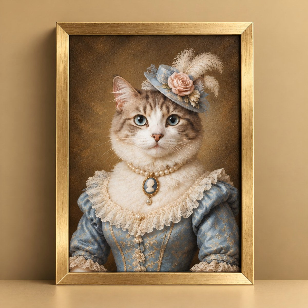 A framed portrait painting of a cat dressed in ornate historical clothing, shown against a warm beige wall and tabletop. The cat wears a blue dress with cream lace trim, a pearl necklace, and a matching feathered hat.