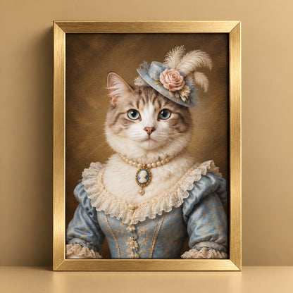 A framed portrait painting of a cat dressed in ornate historical clothing, shown against a warm beige wall and tabletop. The cat wears a blue dress with cream lace trim, a pearl necklace, and a matching feathered hat.