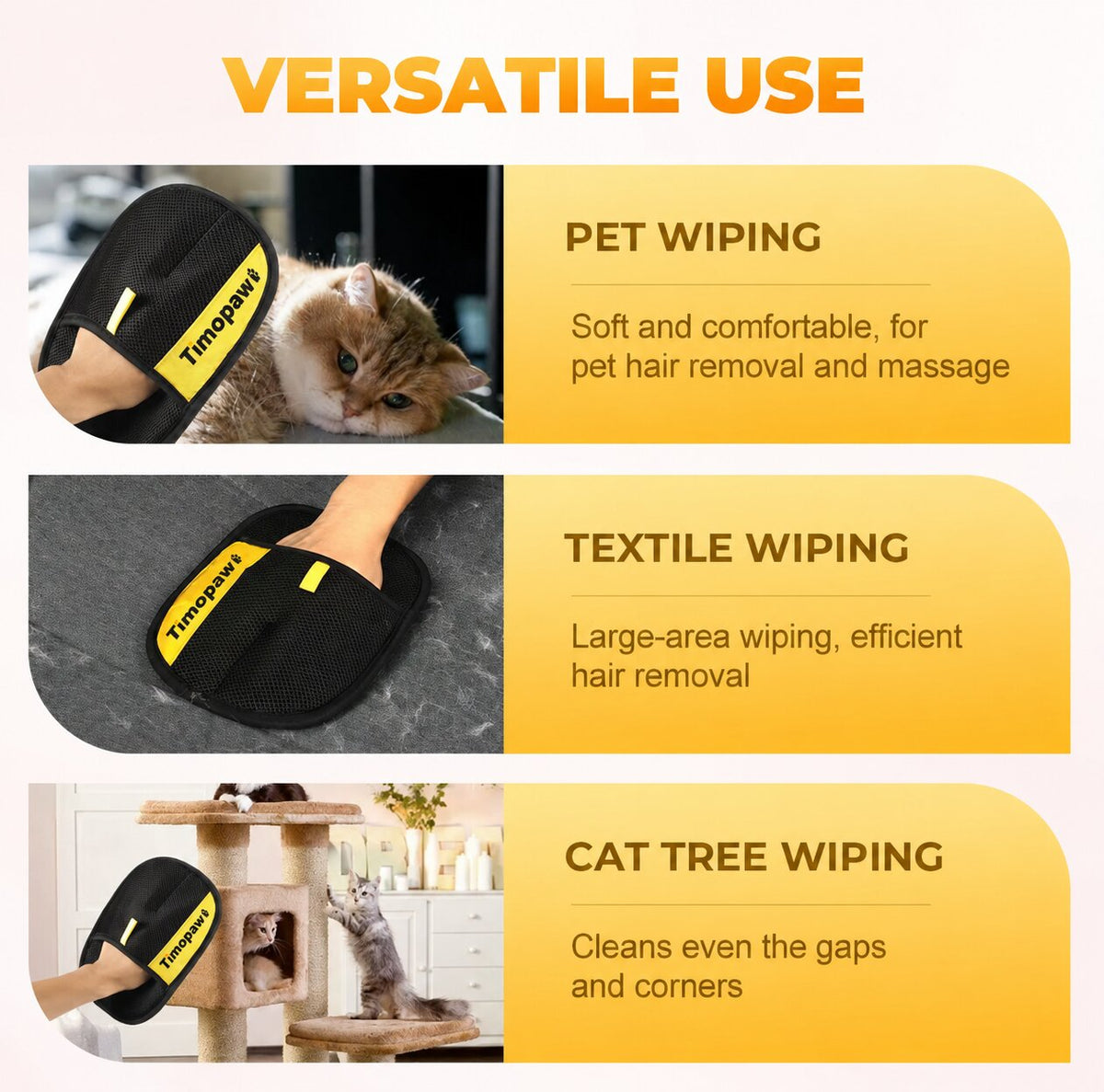 Product advertisement showing pet wiping, textile wiping, and cat tree wiping uses with text labels.