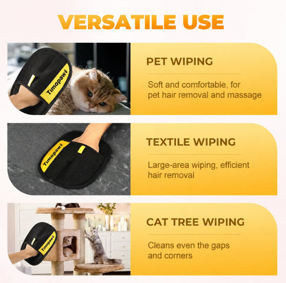 Product advertisement showing pet wiping, textile wiping, and cat tree wiping uses with text labels.