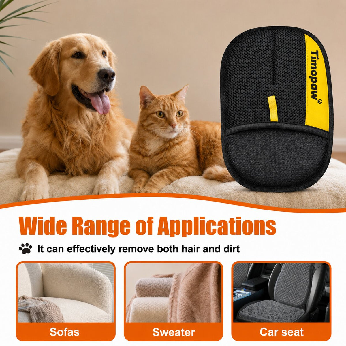 Dog and cat sitting on a couch with a pet hair removal tool, surrounded by images of its use on sofas, sweaters, and car seats.