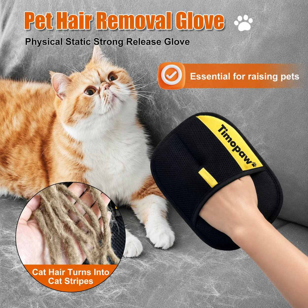 Pet hair removal glove with a cat and close-up of hair being removed, branded 'Timopaw'.