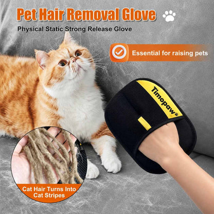 Pet hair removal glove with a cat and close-up of hair being removed, branded 'Timopaw'.