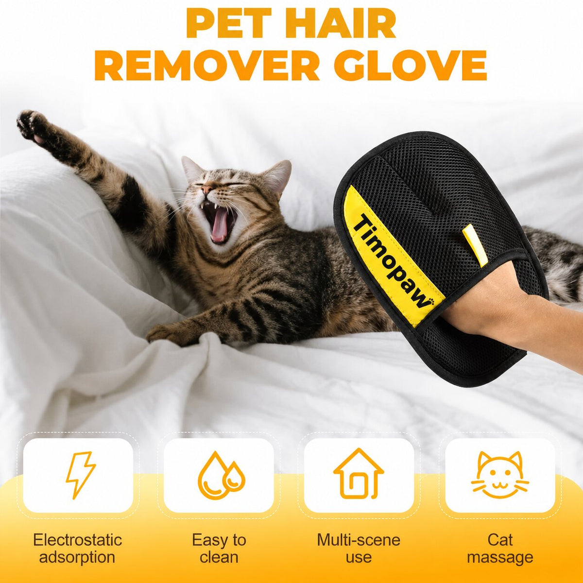 Pet hair remover glove with a cat and product name on a white background