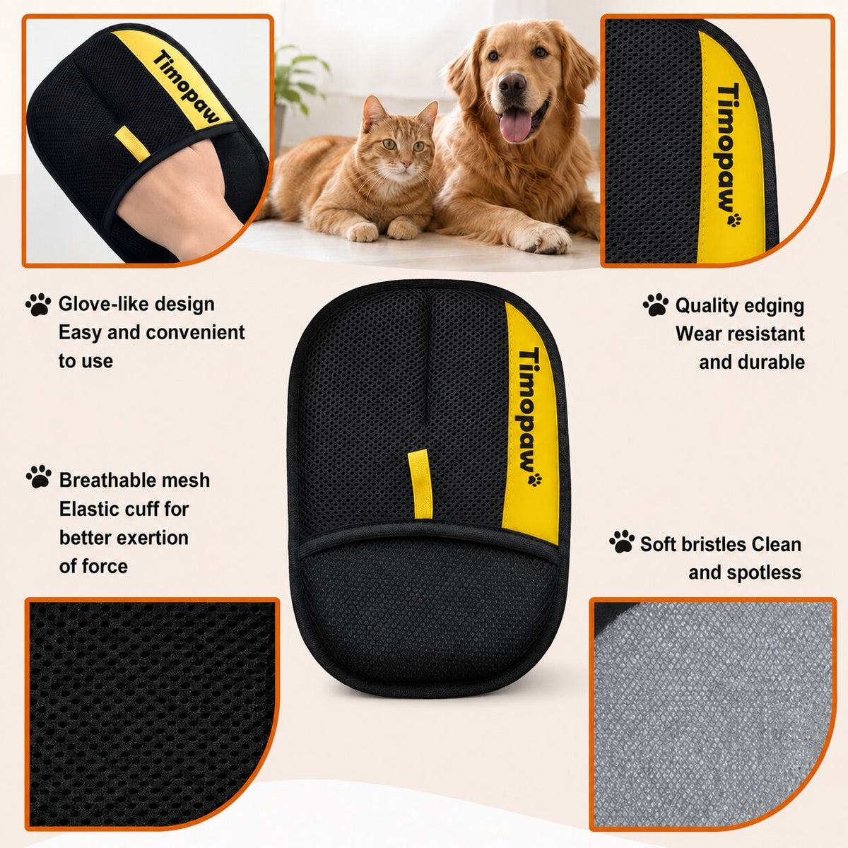 Dog and cat with Timopaw pet grooming glove, highlighting features like glove-like design and breathable mesh.
