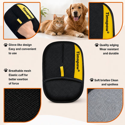 Dog and cat with Timopaw pet grooming glove, highlighting features like glove-like design and breathable mesh.