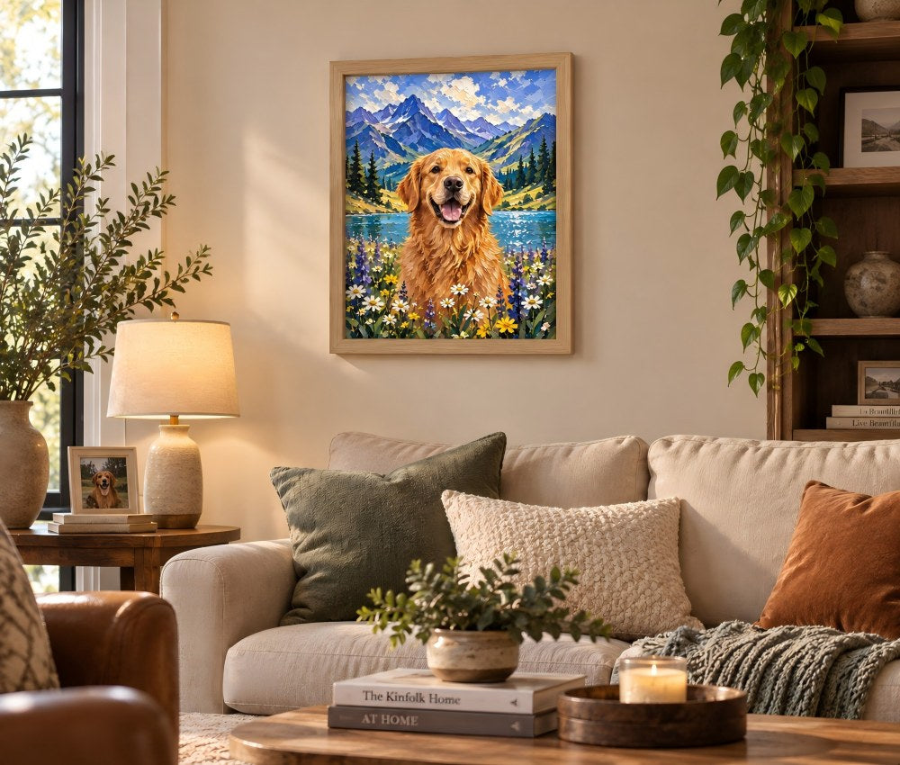 A framed custom pet portrait of a golden retriever in a mountain landscape, displayed on a beige wall above a cozy living room sofa with decorative pillows and a coffee table.