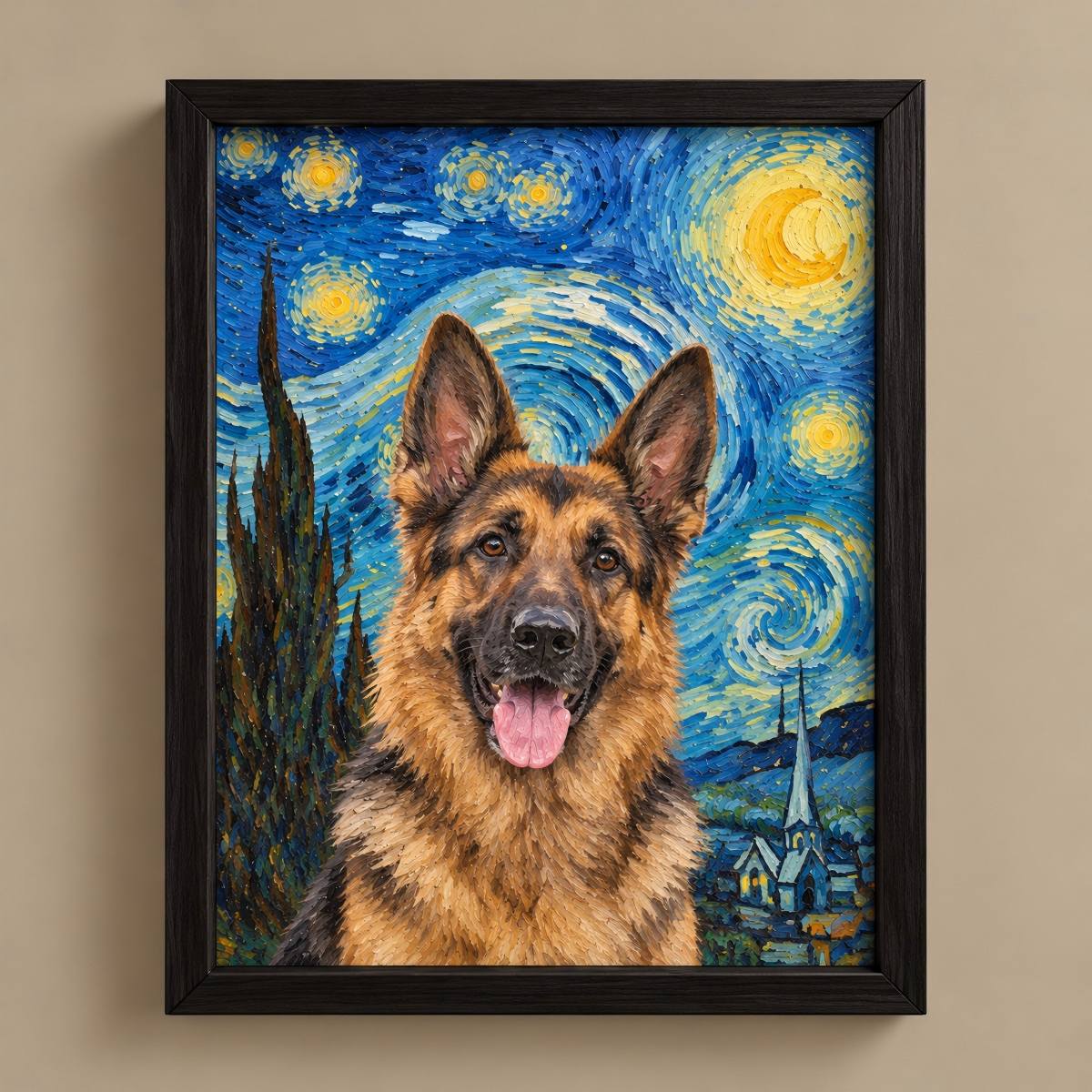 A framed custom pet portrait of a German Shepherd styled in a Van Gogh-inspired Starry Night scene, mounted on a beige wall.