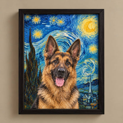 A framed custom pet portrait of a German Shepherd styled in a Van Gogh-inspired Starry Night scene, mounted on a beige wall.