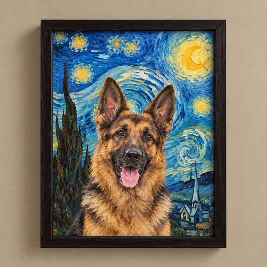 A framed custom pet portrait of a German Shepherd styled in a Van Gogh-inspired Starry Night scene, mounted on a beige wall.