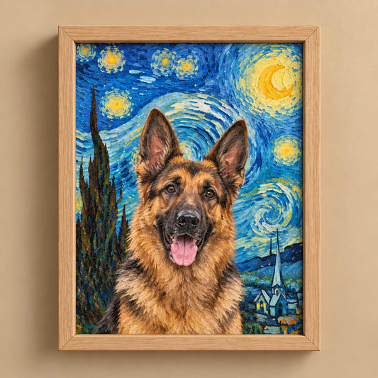 A framed pet portrait painting of a German Shepherd in a Starry Night style, mounted on a beige wall.