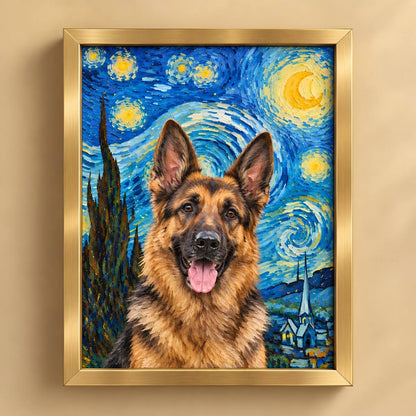 A framed pet portrait painting of a German Shepherd in the style of Van Gogh's Starry Night, displayed on a beige wall. The painting features a German Shepherd against a swirling blue and yellow sky with a crescent moon, enclosed in a gold frame.