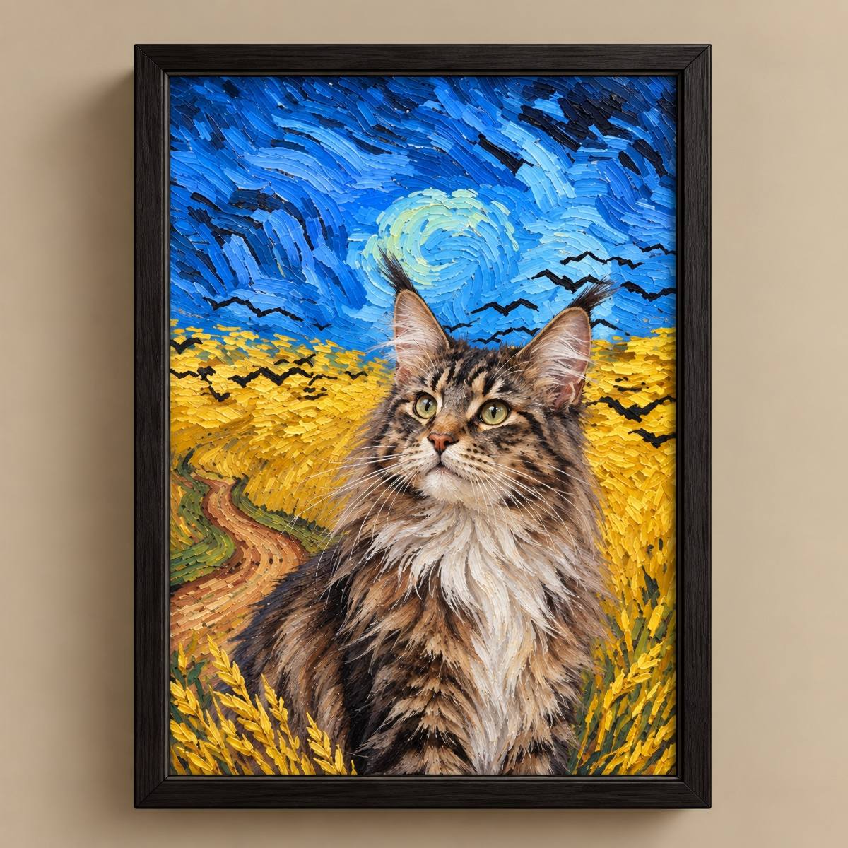 A framed custom pet portrait featuring a long-haired tabby cat in a stylized Van Gogh-inspired landscape with a blue swirling sky, yellow field, moon, and bats. The artwork is housed in a black frame and mounted on a beige wall.