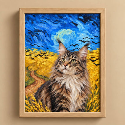 A framed custom pet portrait painting of a fluffy brown tabby cat in a Van Gogh-inspired style, set in a light wood frame against a beige wall.