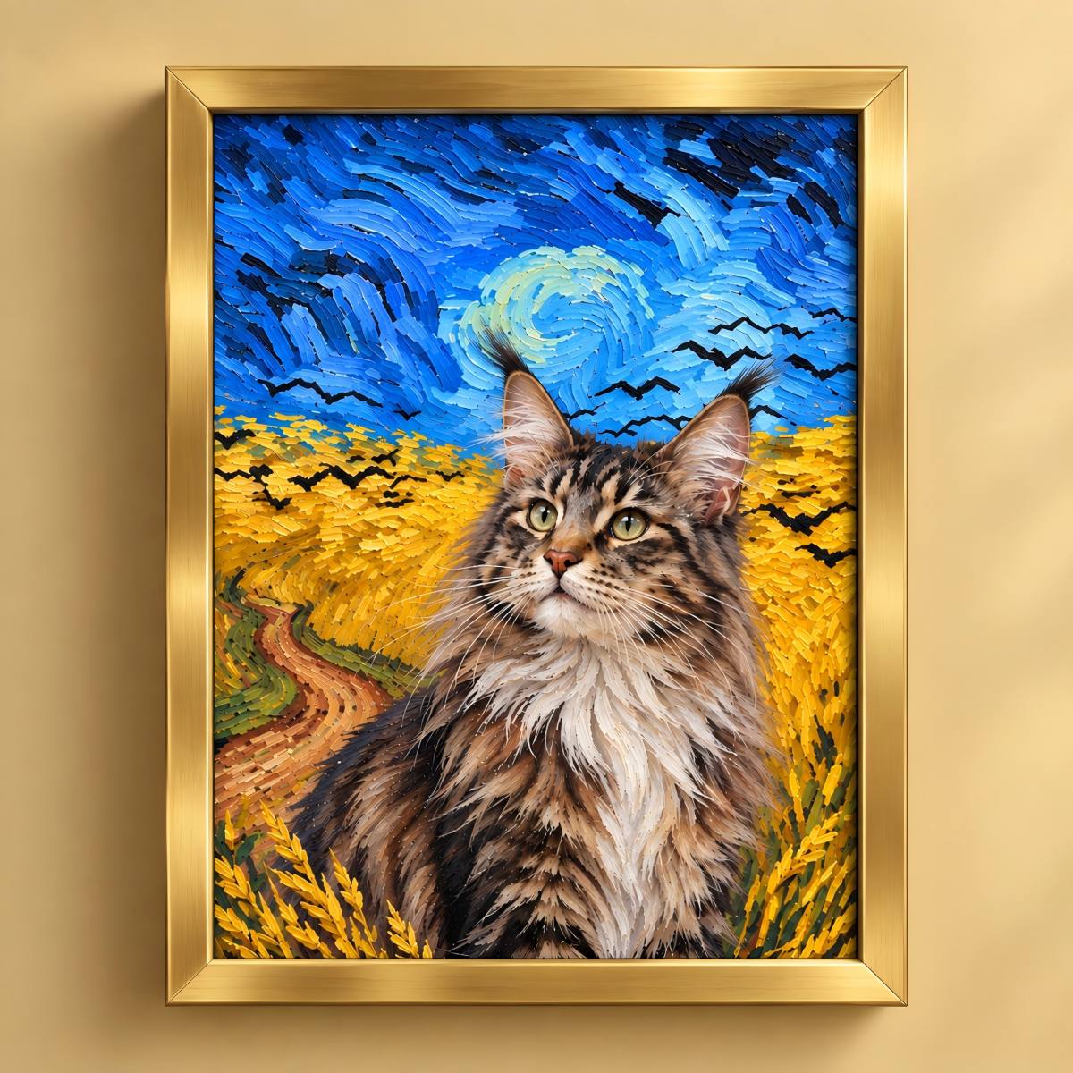 A framed custom pet portrait painting of a long-haired cat in a Van Gogh style field under a swirling blue sky, displayed on a beige wall.