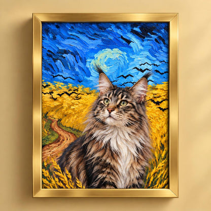 A framed custom pet portrait painting of a long-haired cat in a Van Gogh style field under a swirling blue sky, displayed on a beige wall.