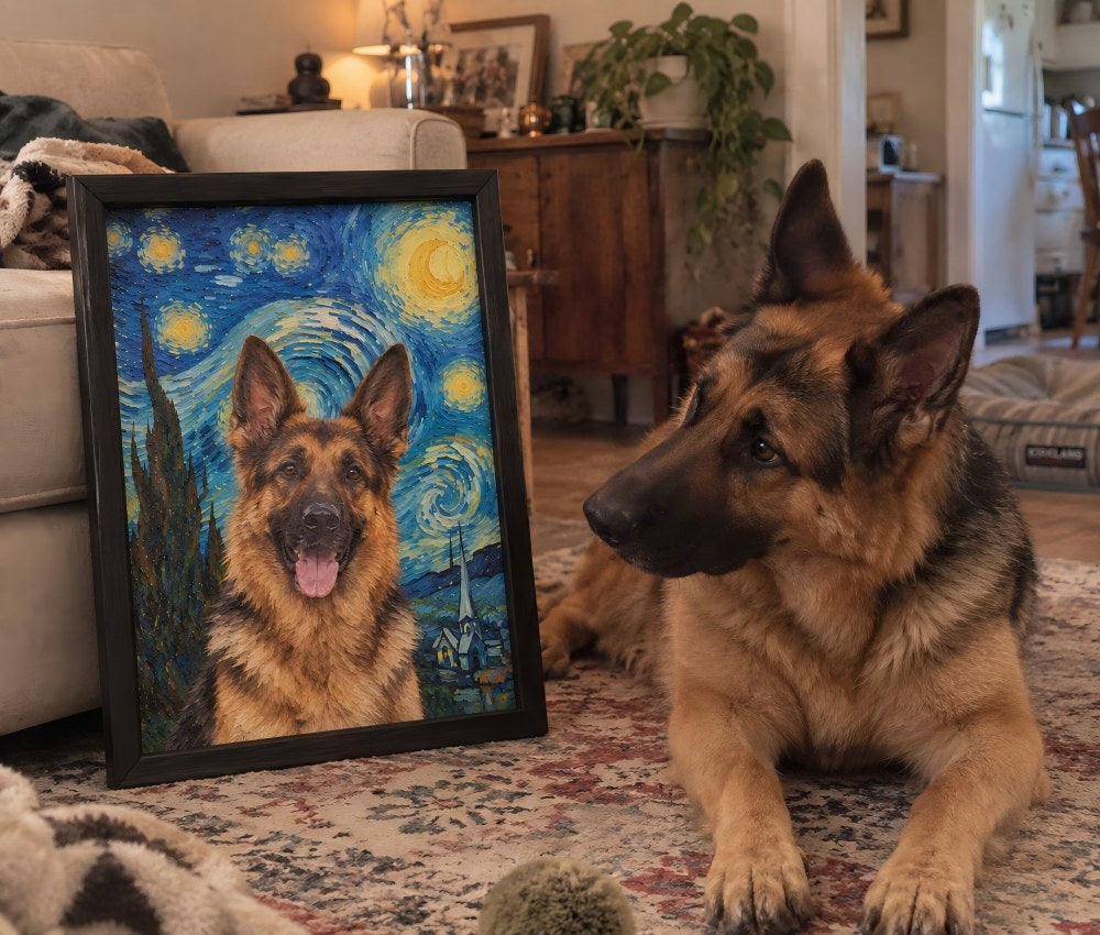 A German Shepherd dog lies on a patterned rug in a living room next to a black-framed custom pet portrait painted in a Van Gogh style, featuring the dog's face with a swirling blue and yellow starry sky background.