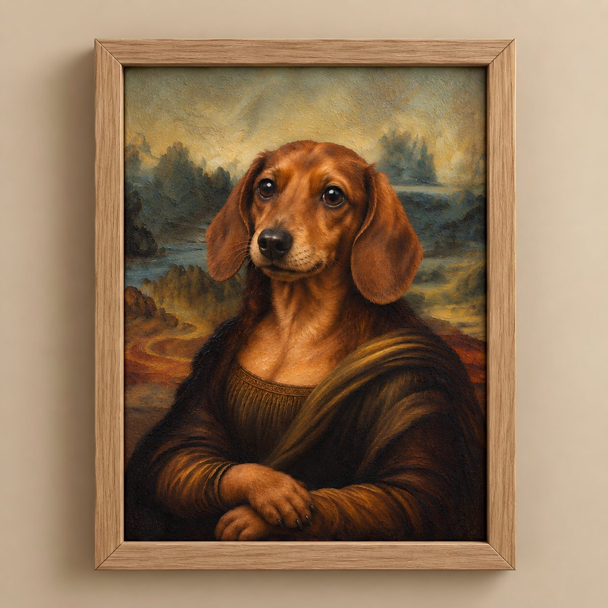 A framed art print featuring a dachshund styled in the style of Leonardo da Vinci's Mona Lisa, mounted on a beige wall.