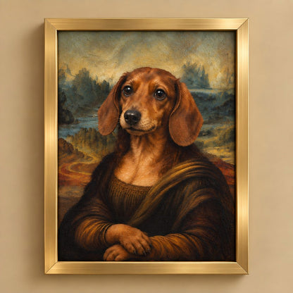 A framed portrait painting of a dachshund styled like the Mona Lisa, with a gold frame and warm beige wall background.