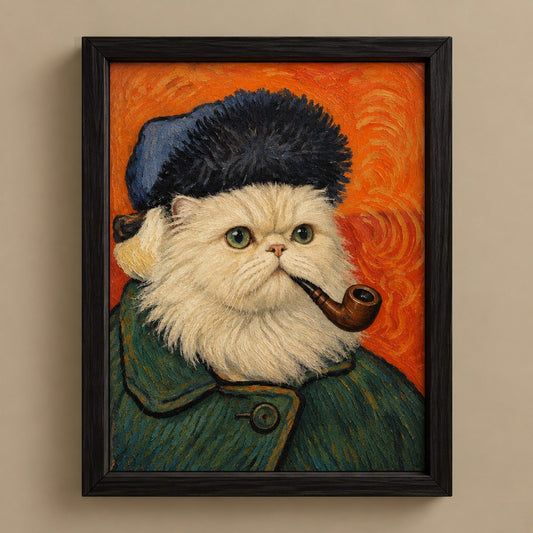 A framed portrait painting of a fluffy white cat dressed in a dark blue fur hat, green coat, and smoking a brown pipe, set against a swirling orange background. The artwork is housed in a black frame and mounted on a beige wall.
