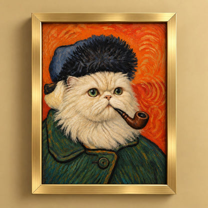 Framed canvas wall art featuring a stylized portrait of a fluffy white cat wearing a dark blue fur hat and green coat, with an orange swirling background, shown hanging on a beige wall.