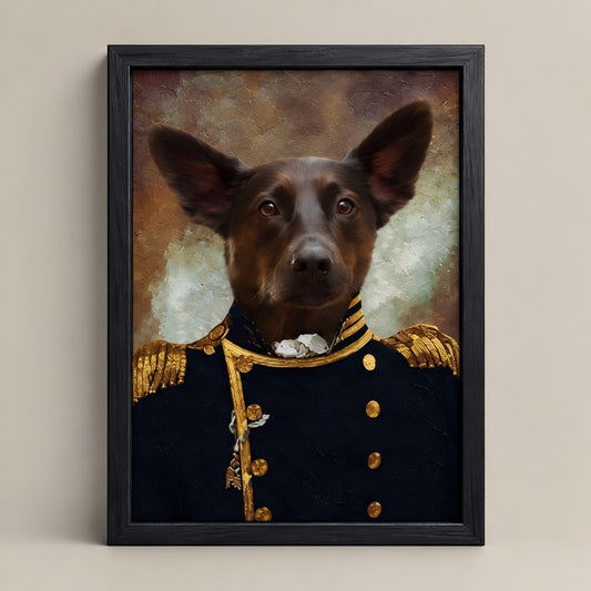 A framed pet portrait painting of a black dog dressed in a navy blue military uniform with gold trim, set against a warm beige background.